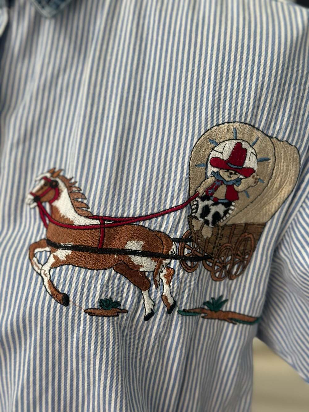 Vintage Quizz Again New York Striped Embroidered Cowboy Denim Button Up - Picture 6 of 8